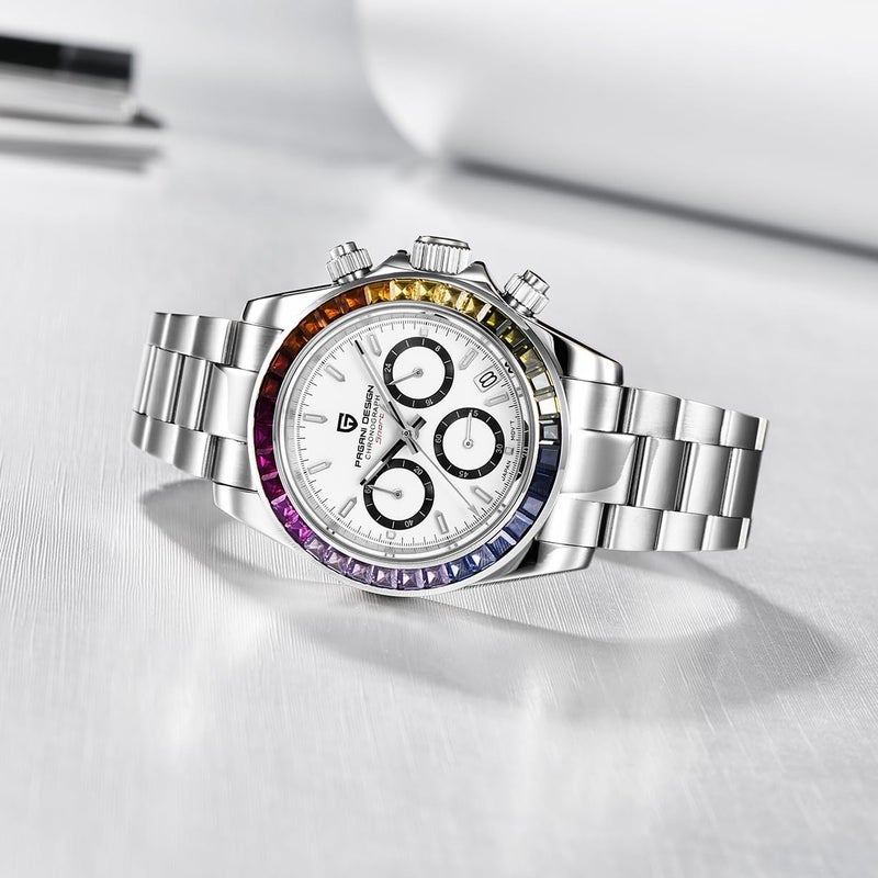 Pagani Design 1644 Men's Chronograph Watch with Rainbow Crystal Bezel and Panda Dial - Image 3